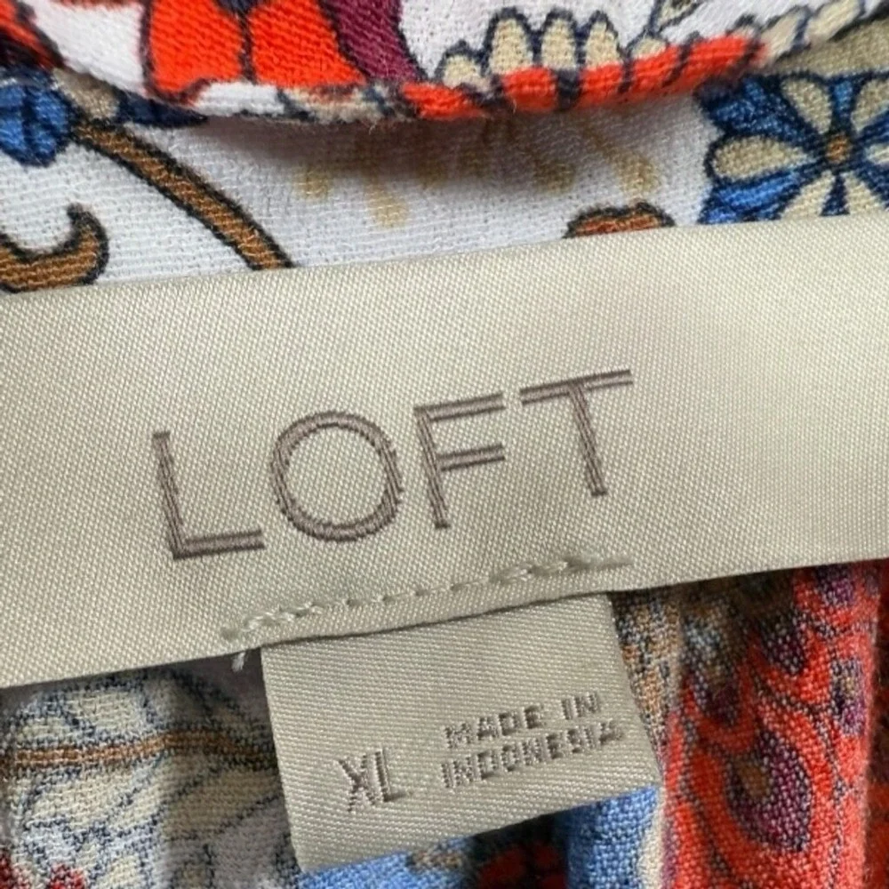 LOFT Womens Peacock Floral Ruffle Sleeve Henley Blouse Multicolor Top Size XL‎